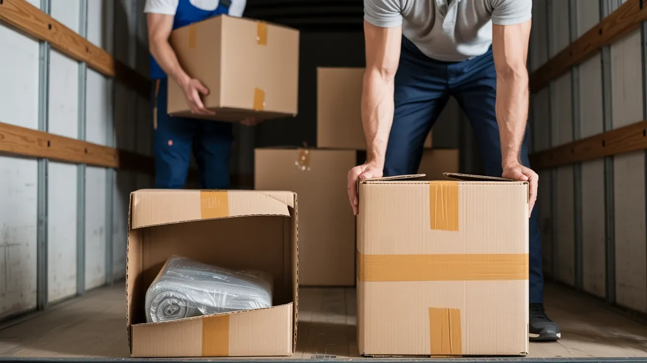 Moving boxes showing difference between weak tape failure and properly sealed strong box during transport.