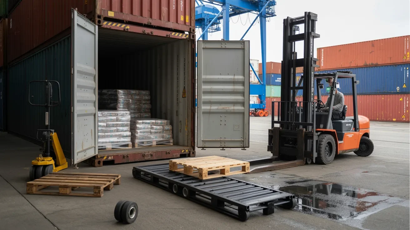 traditional container unloading setup with forklifts pallets and basic tools showing slower manual warehouse operations process.