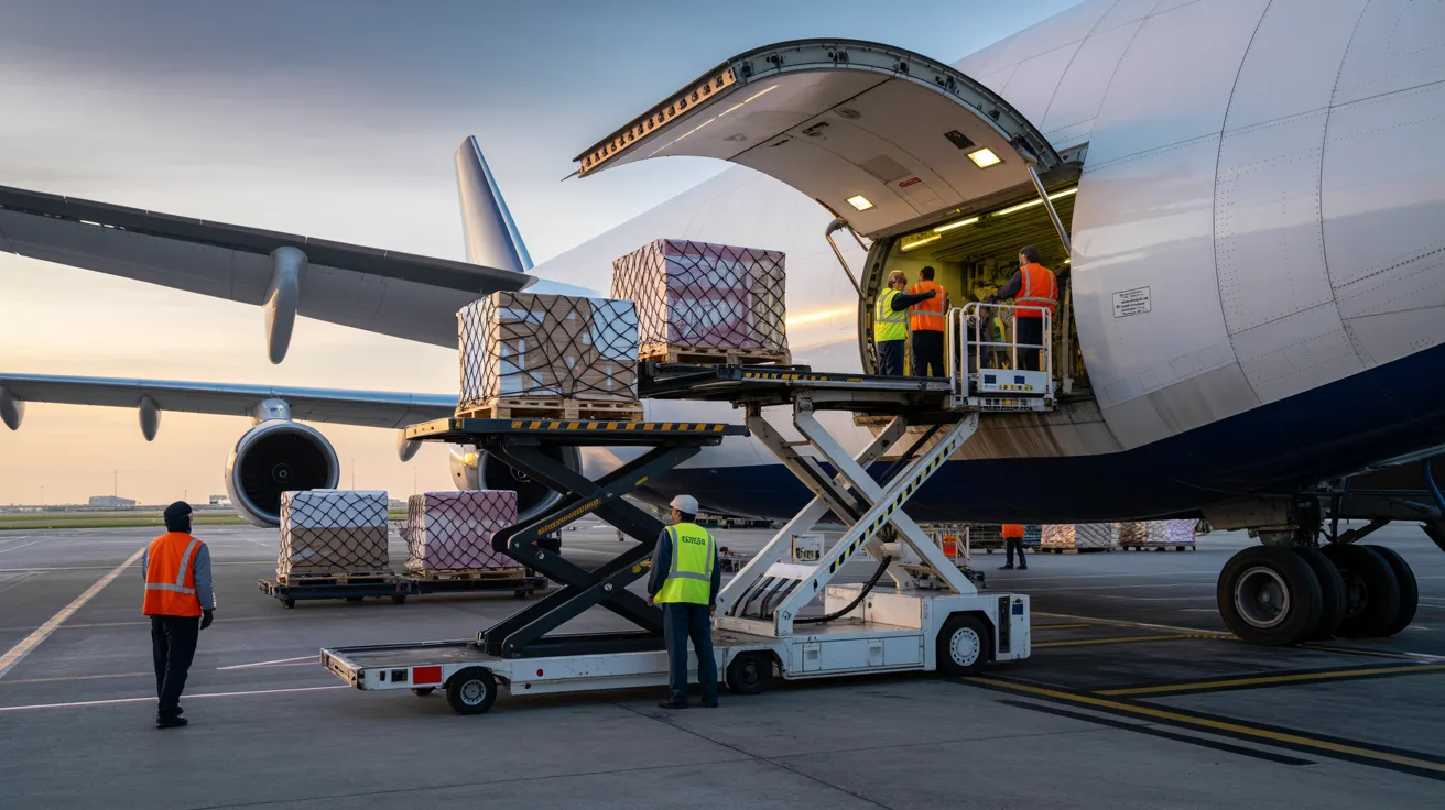 Freight handlers loading and unloading cargo pallets from an aircraft at an airport cargo facility.