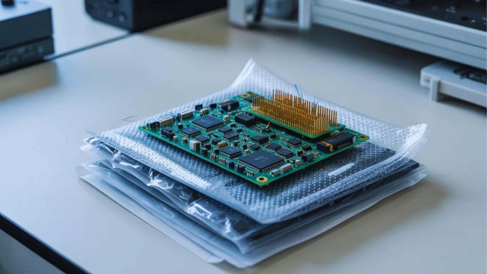 Electronic components in protective anti static packaging representing electrostatic discharge risks and importance of proper handling during shipping and logistics processes.