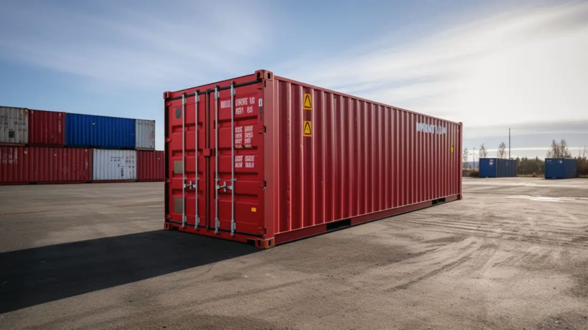 Red 40ft shipping container sitting alone on concrete in an open yard with other containers in the distance.