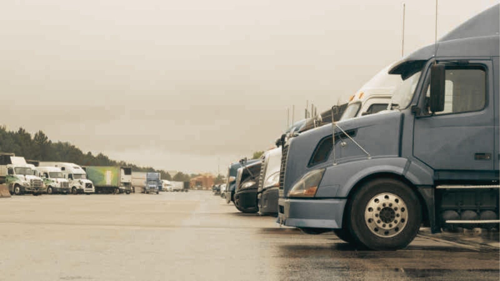 A fleet of semi-trucks parked in rows at a large staging yard under an overcast sky.