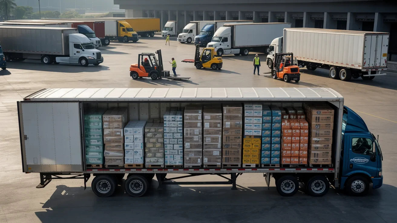 Partially filled freight truck with mixed cargo at sorting hub showing shared less-than-truckload shipping process.