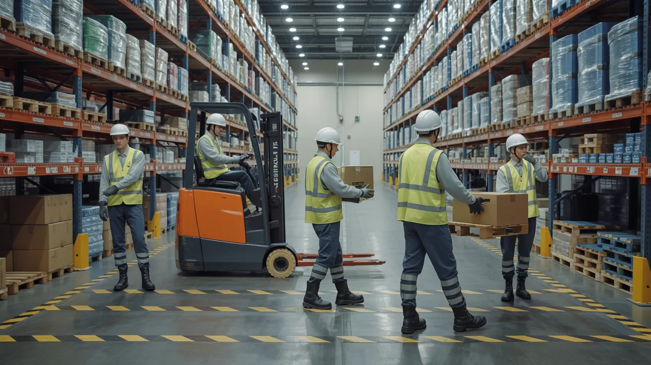 Freight handlers wearing safety gear operating forklifts and handling cargo safely in a warehouse environment.