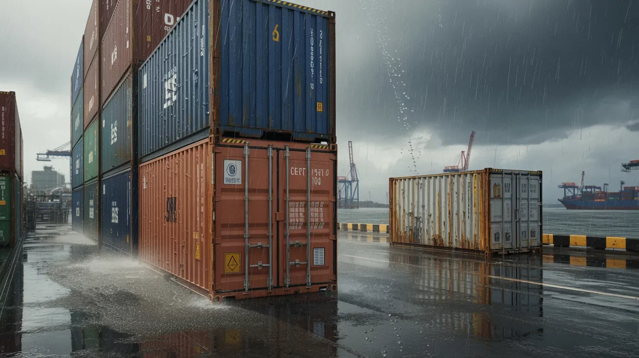 Shipping container in harsh port conditions showing durability and cargo protection under stress.