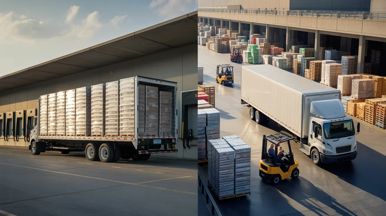 Side-by-side freight logistics showing full truckload direct shipping and less-than-truckload shared shipping at distribution hub.