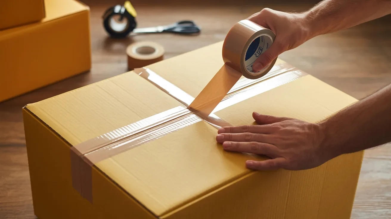 Same moving box sealed with H-taping method in consistent DIY packing setup.