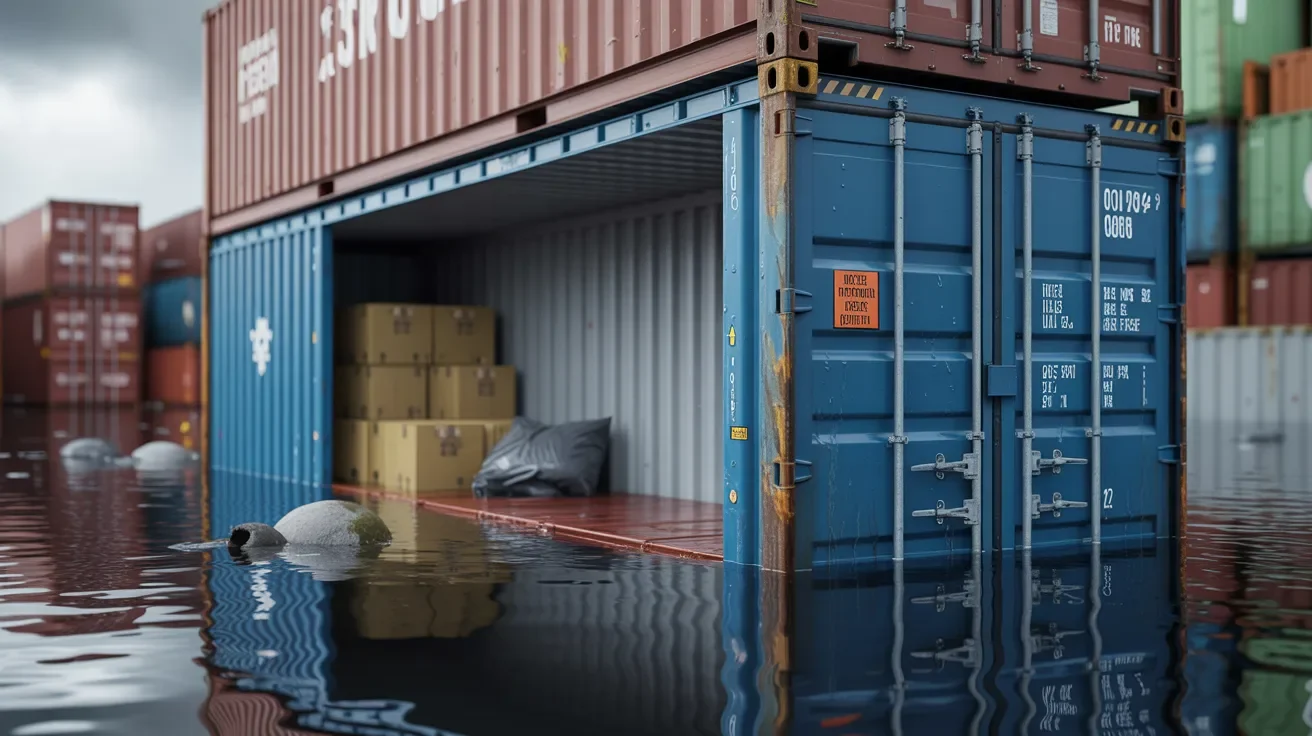 Shipping container partially surrounded by floodwater showing limits of water resistance under flooding conditions.
