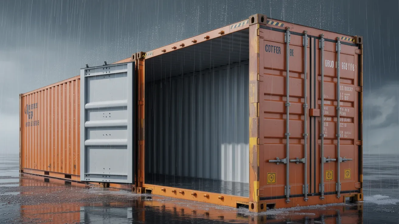 Cutaway shipping container showing COR-TEN steel, welded structure, and rubber seals protecting interior from rain.