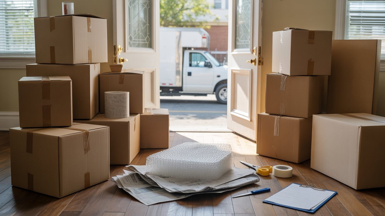 "Chaotic moving day with packed cardboard boxes, open moving truck, and scattered packing supplies showing relocation process"