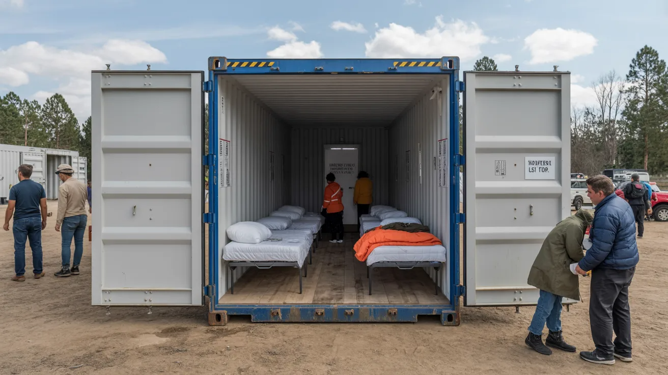 Shipping container emergency shelter with beds and supplies in disaster relief environment.