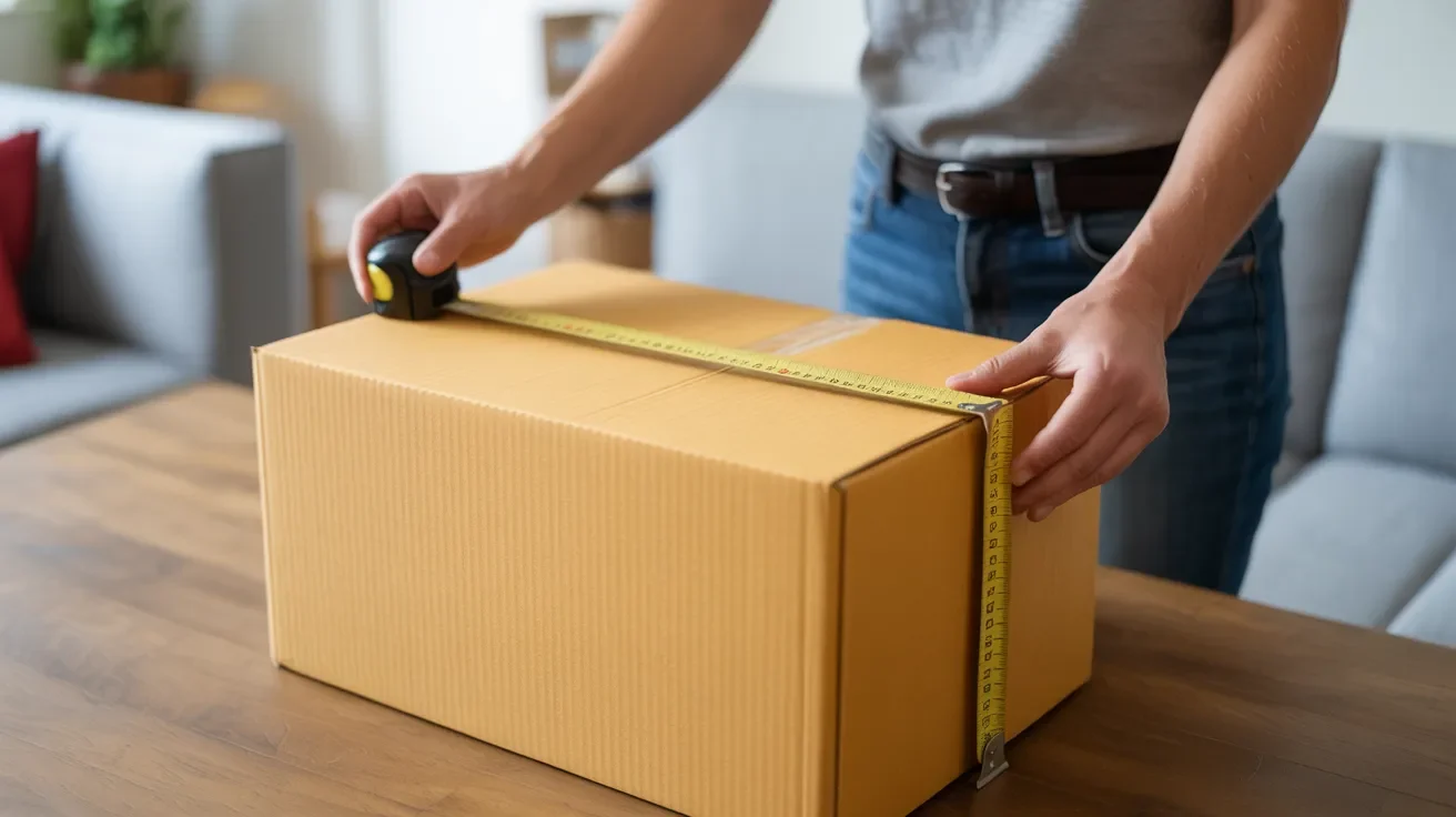 Person measuring a cardboard box length, width, and height in correct order using a measuring tape for shipping.