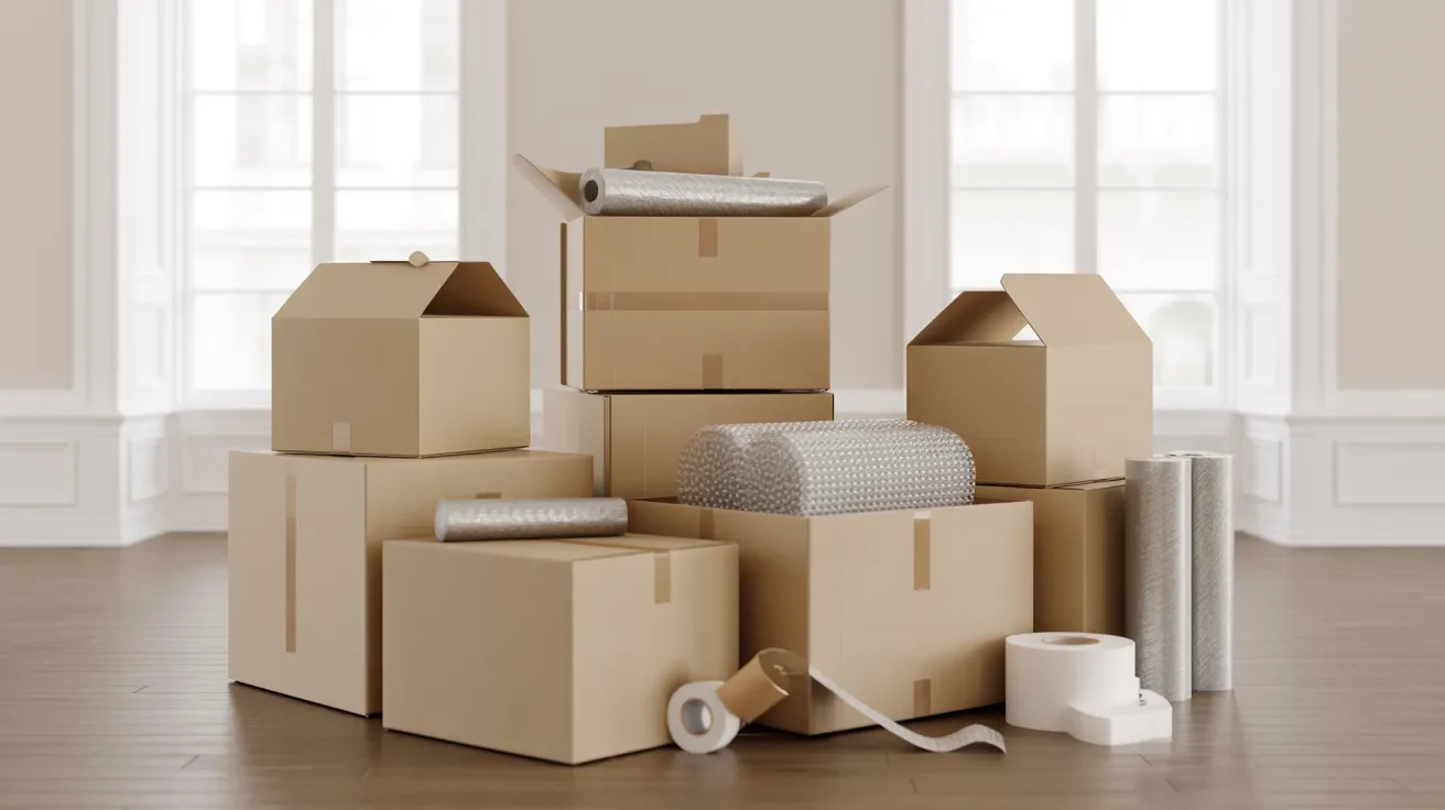 Packed moving boxes with bubble wrap and tape arranged neatly in clean indoor space showing organized professional packing setup.