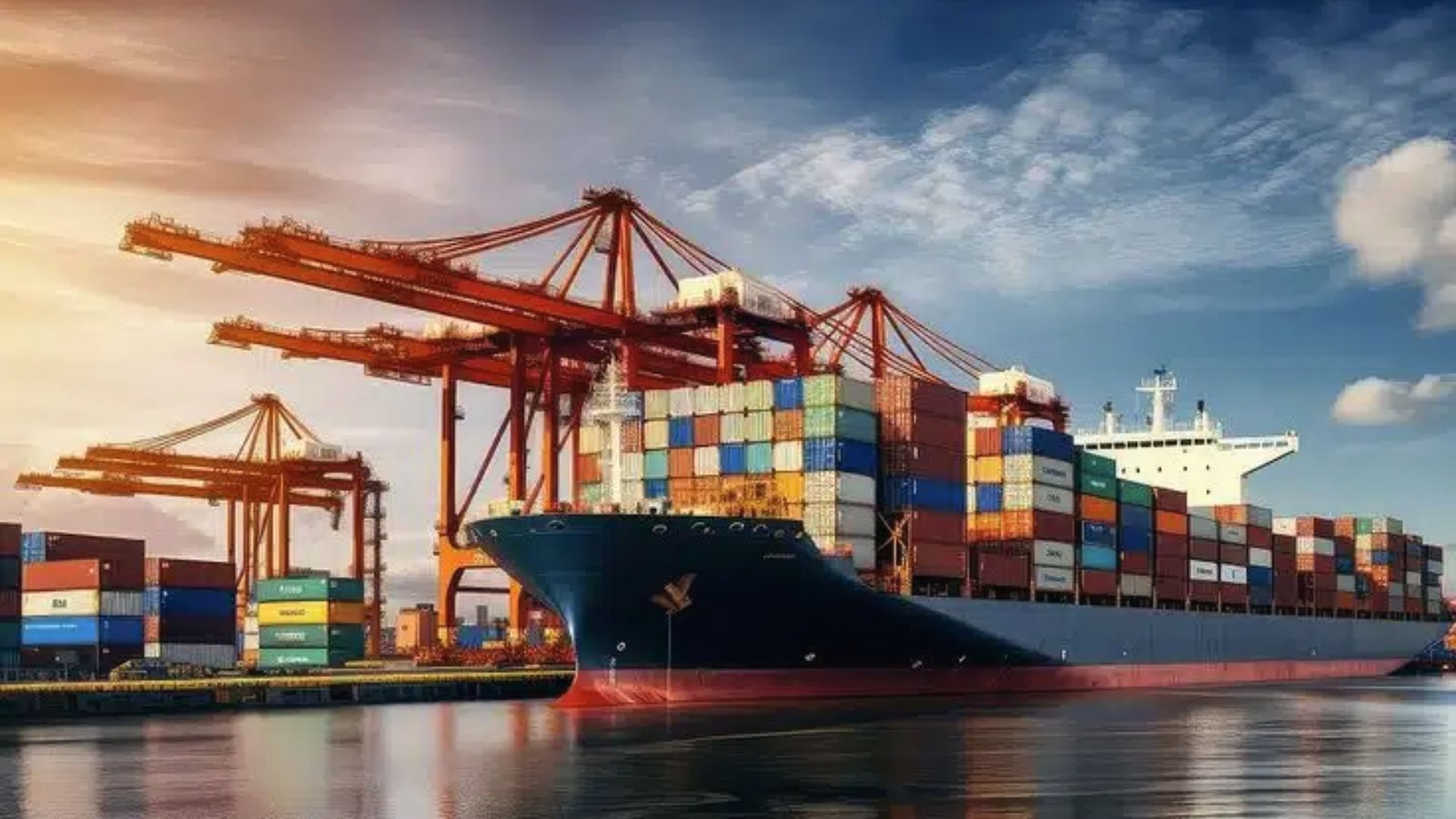 Container ship being loaded by cranes at port, where the IOR handles duties, taxes, and customs documentation for smooth cargo clearance.