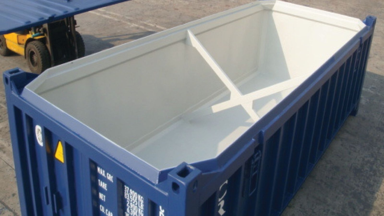 Blue half-height open top container with white interior and cross bracing for support.