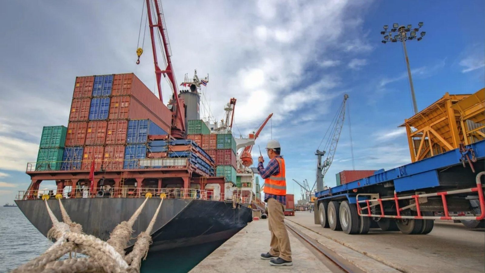 Port worker oversees containers being loaded onto ships, representing commodity movement in shipping.