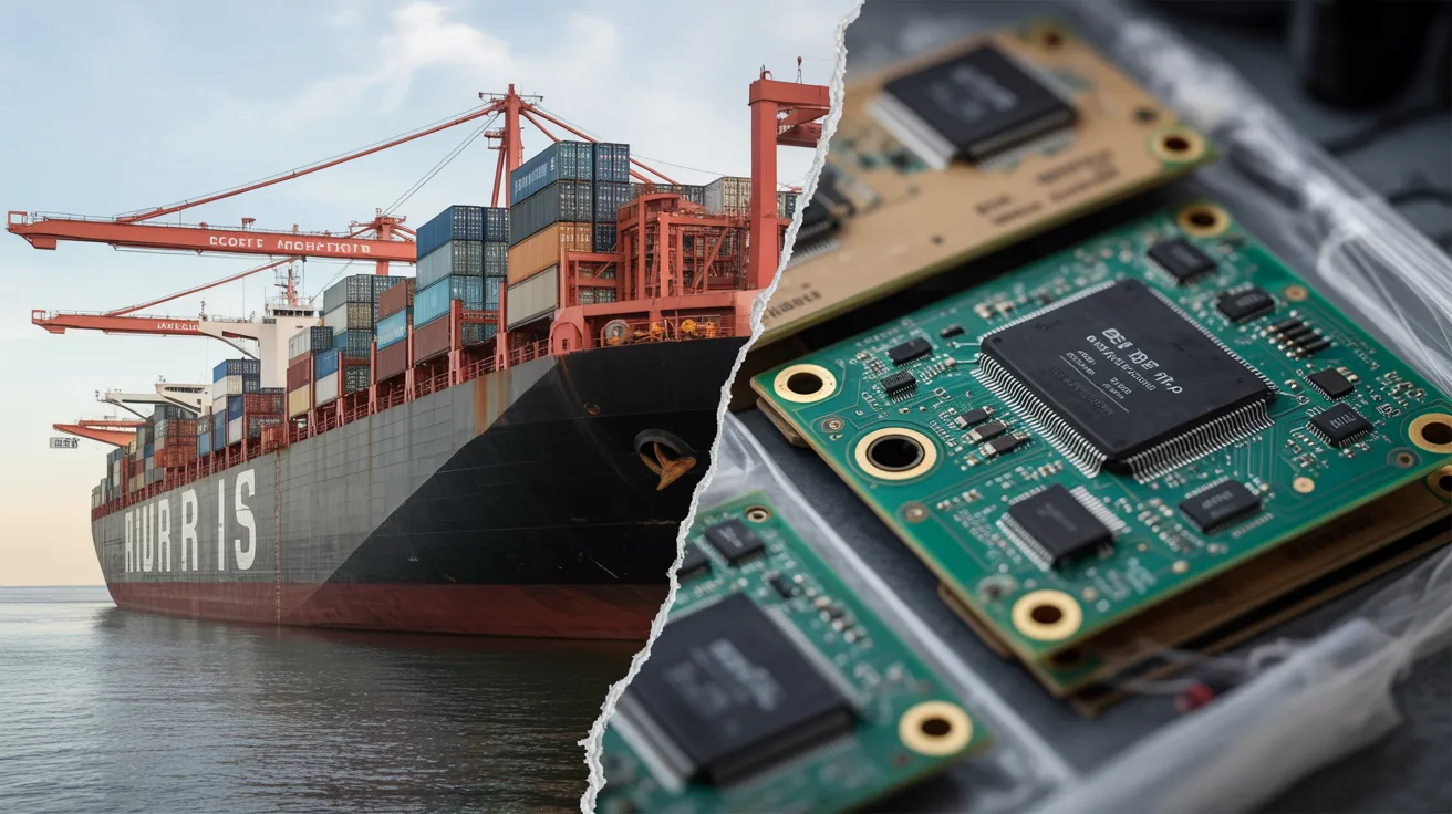 Split scene showing cargo ship systems and electronic components illustrating two meanings of ESD in shipping across different logistics contexts clearly.