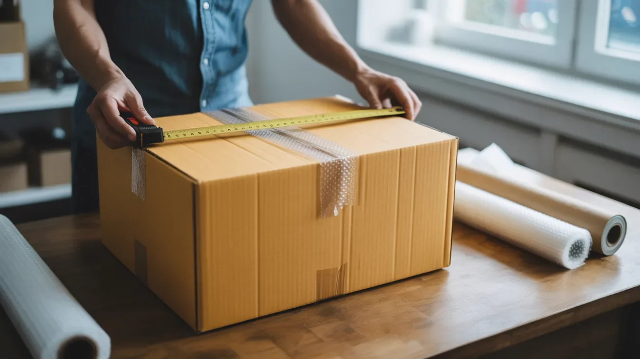 Person measuring a fully packed cardboard box after adding protective padding.