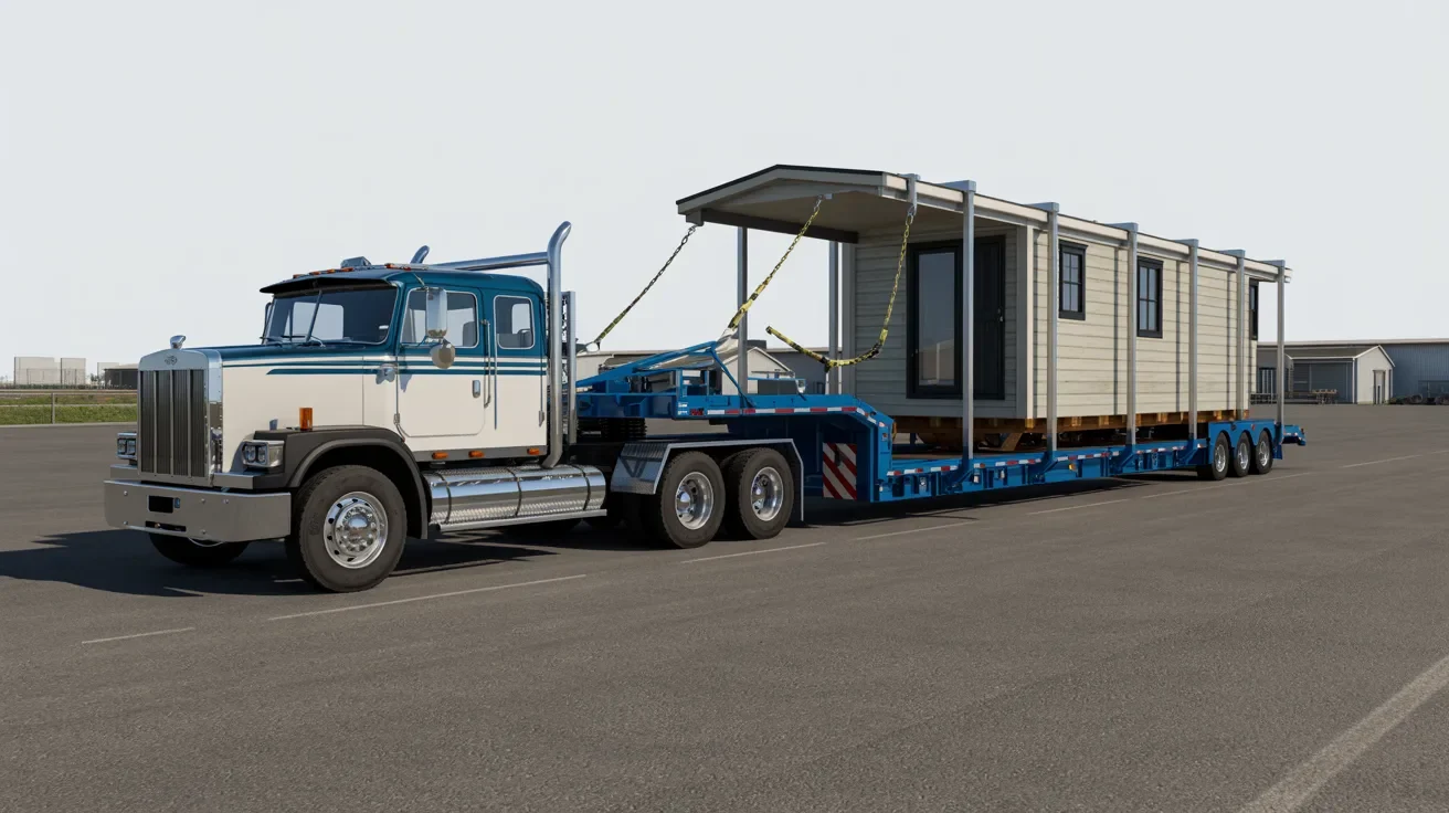 mobile home transport setup showing trailer truck and equipment highlighting cost factors like size distance and moving requirements.