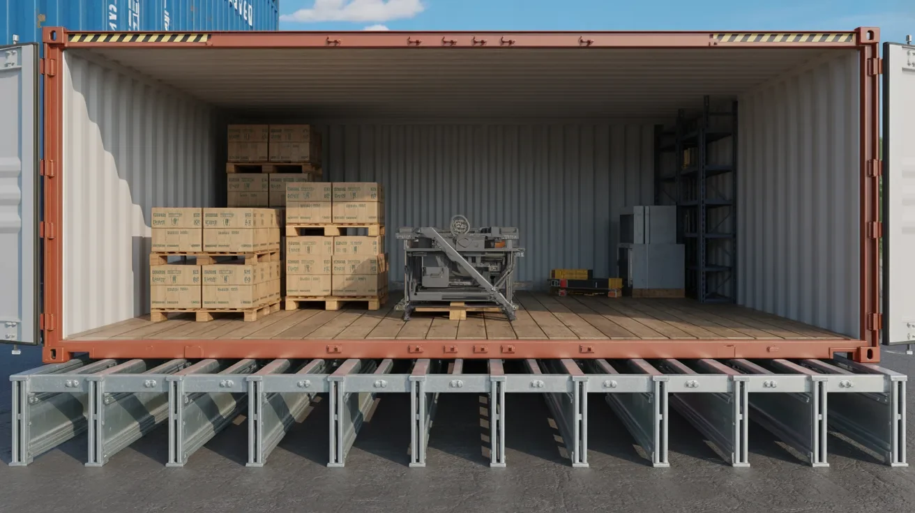 Shipping container floor showing steel cross beams supporting heavy cargo load.