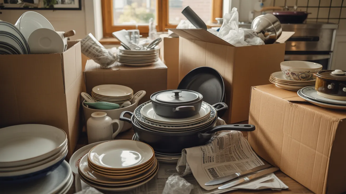 Improperly packed cookware with overloaded boxes and missing padding illustrating common mistakes that can cause damage during the moving process.