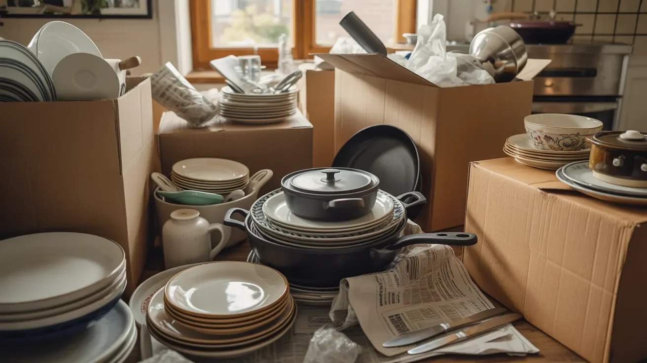 Improperly packed cookware with overloaded boxes and missing padding illustrating common mistakes that can cause damage during the moving process.