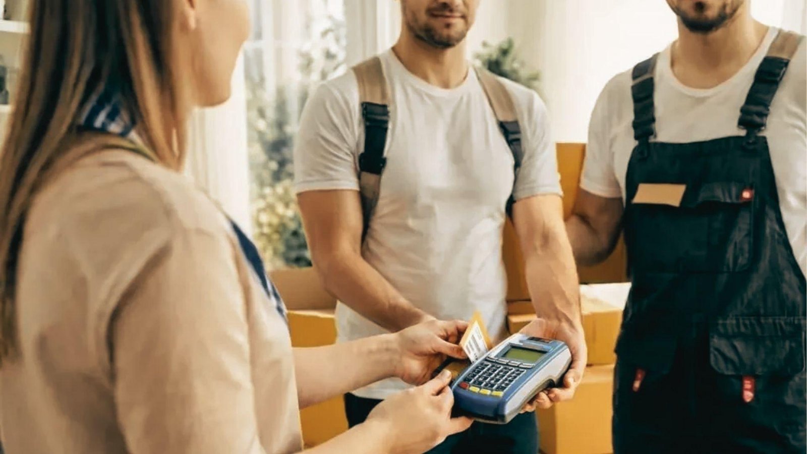 A woman taps a card on a payment terminal held by a mover, with crew standing by boxes.