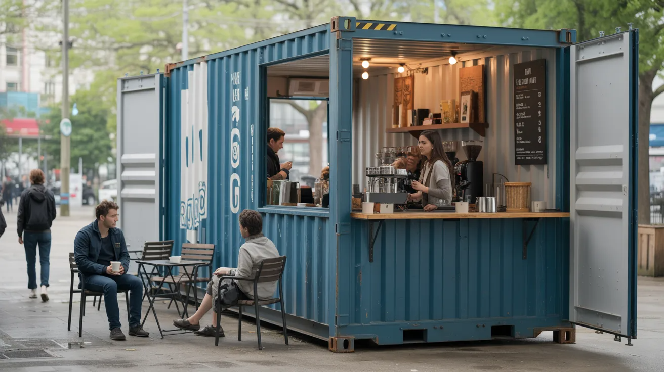 Shipping container transformed into a modern café with outdoor seating and customers enjoying coffee.