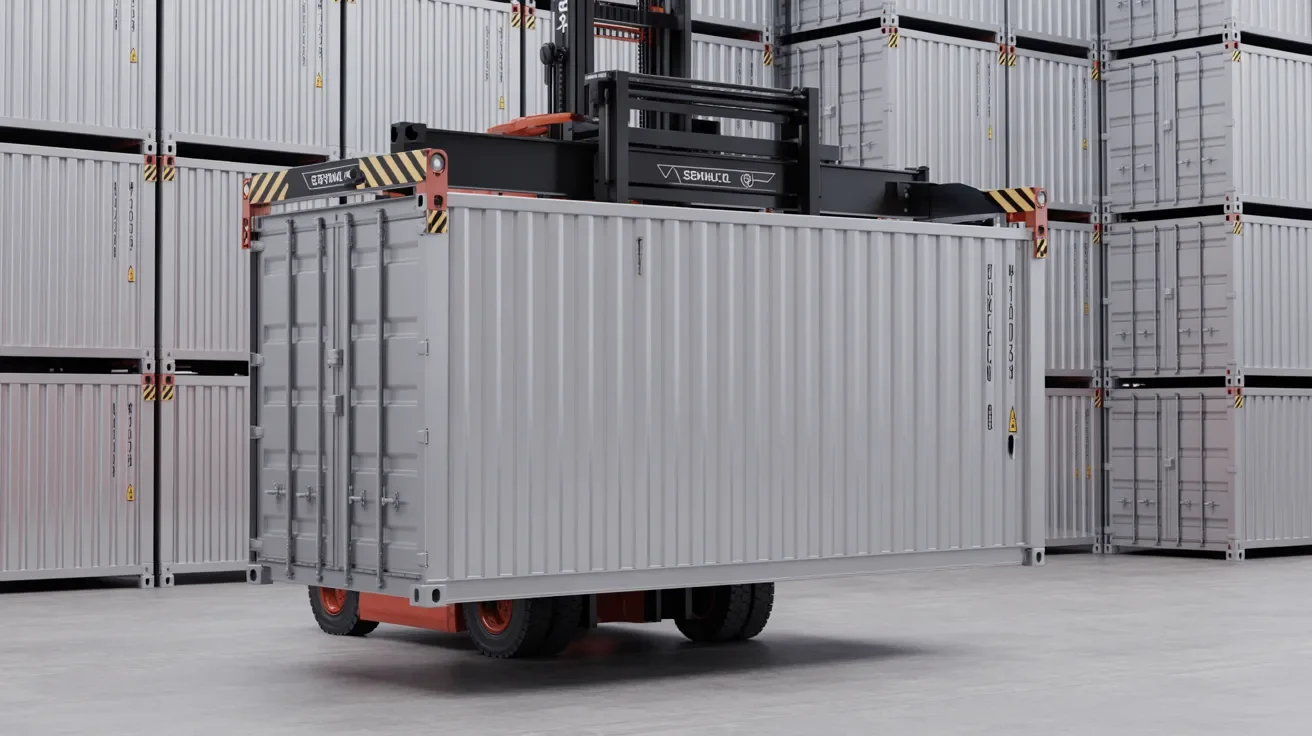 Lightweight aluminum shipping container being moved in logistics warehouse.