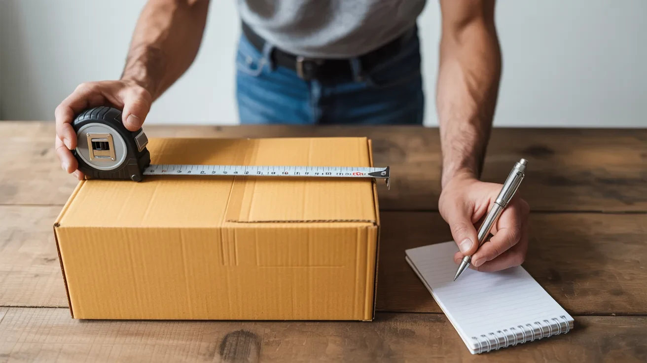 Person rounding up box measurement while recording shipping dimensions.