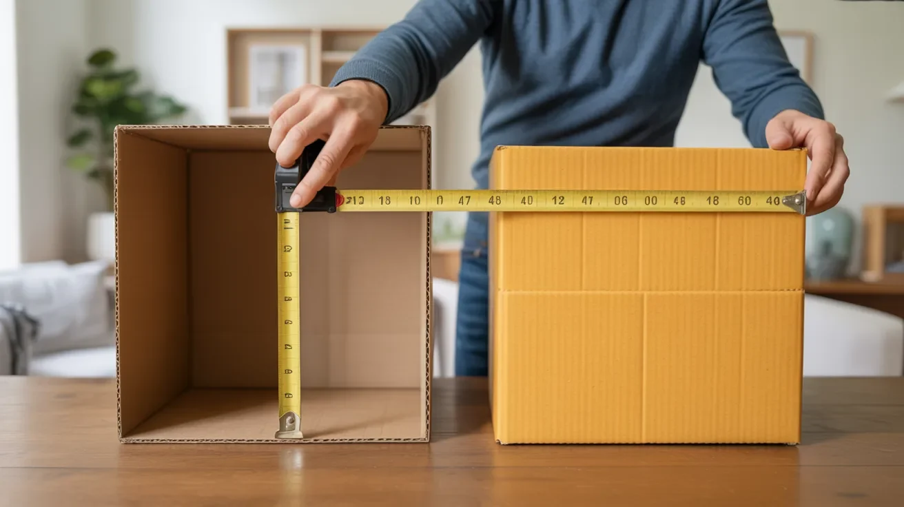 Person showing inside and outside measurements of a cardboard box for shipping comparison.