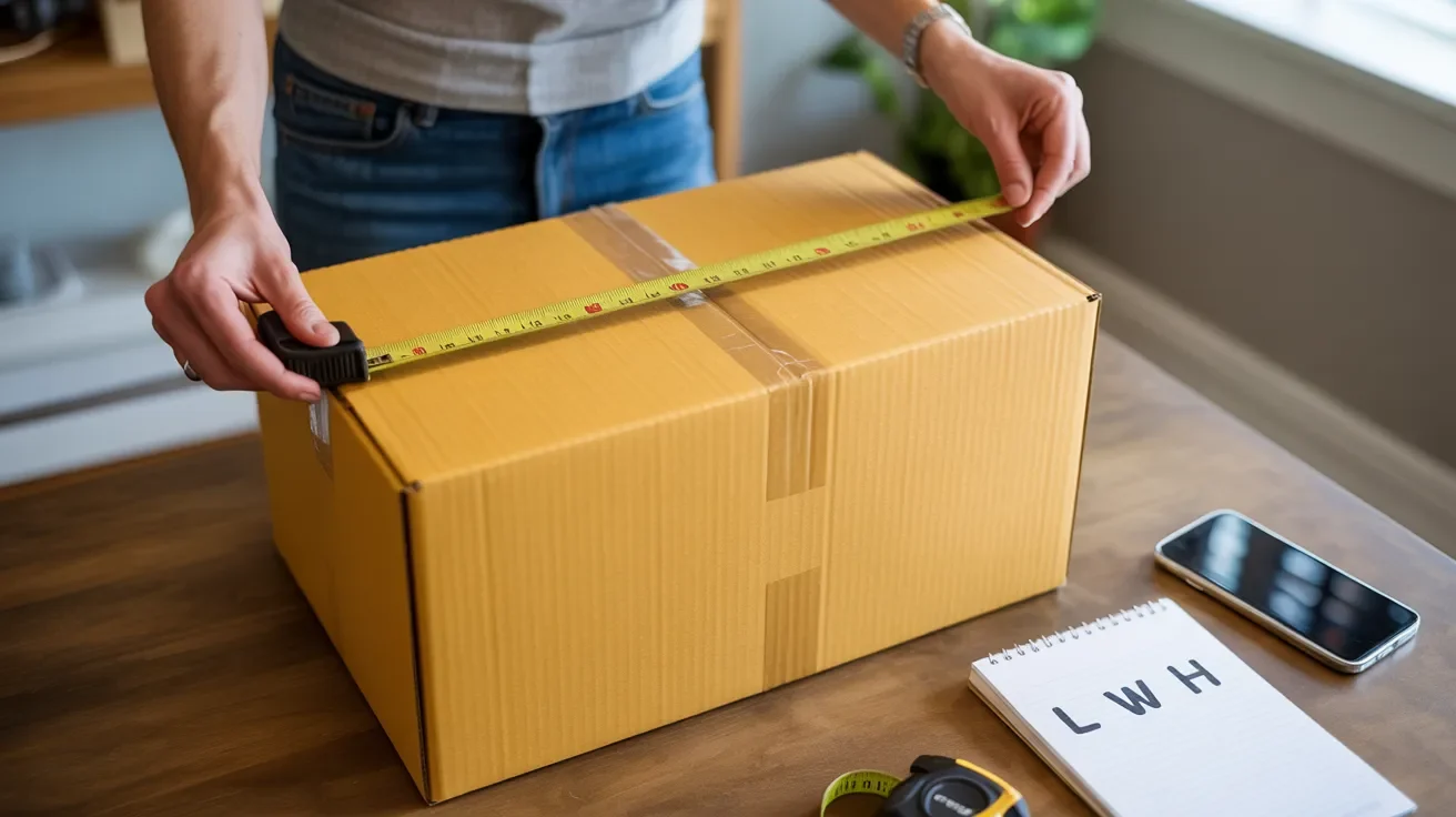Person measuring a cardboard box dimensions correctly with measuring tape for shipping size accuracy.