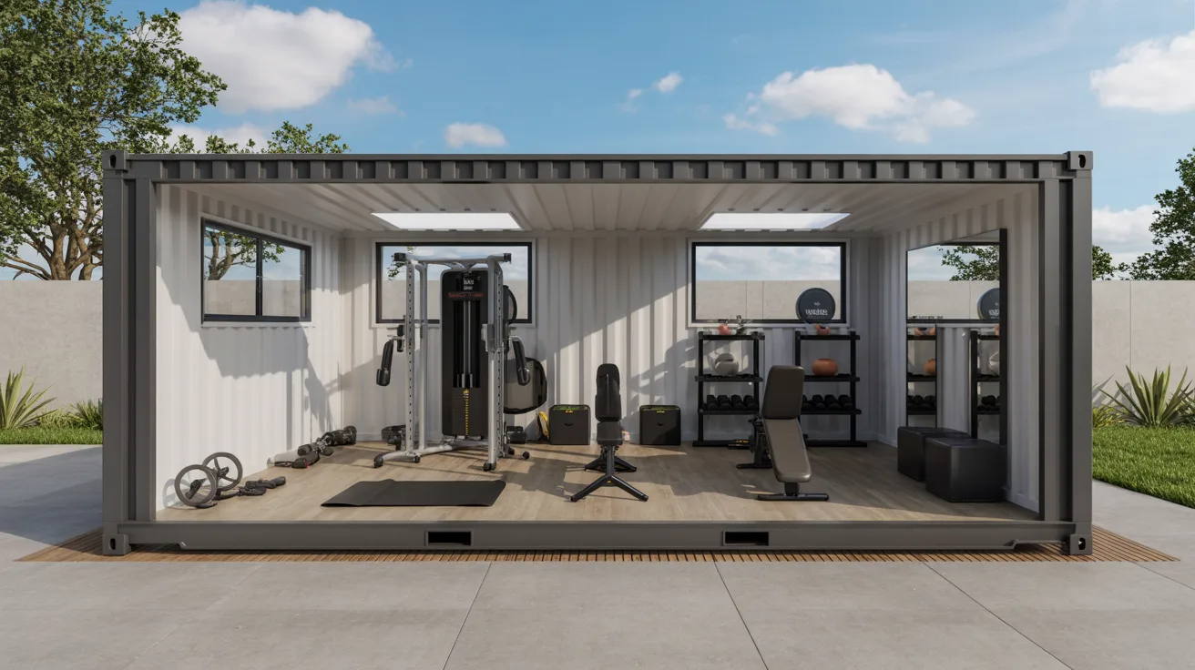 Shipping container home gym with workout equipment and modern fitness setup.