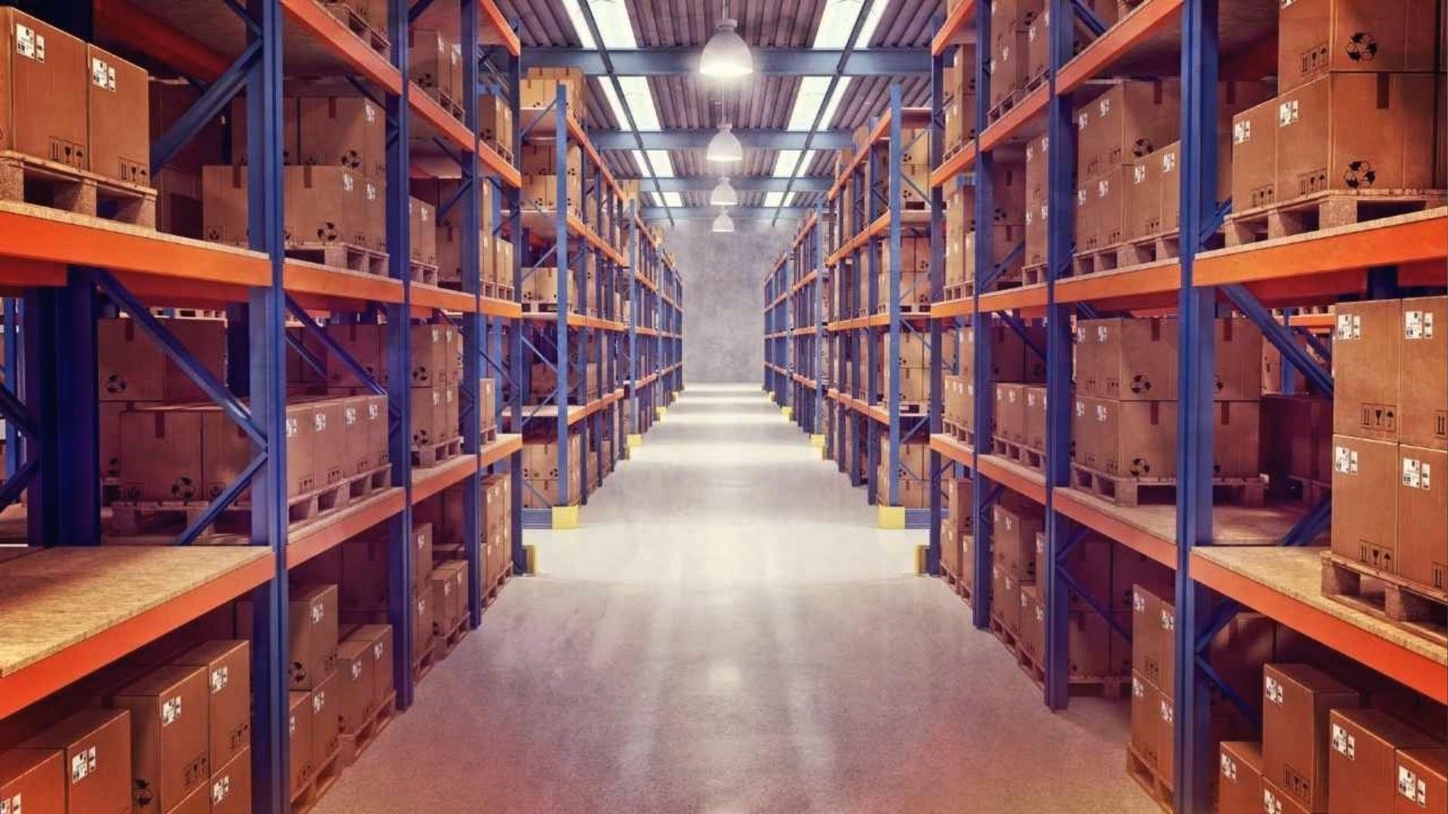 Organized warehouse racks filled with labeled boxes for moving companies offering flexible storage duration