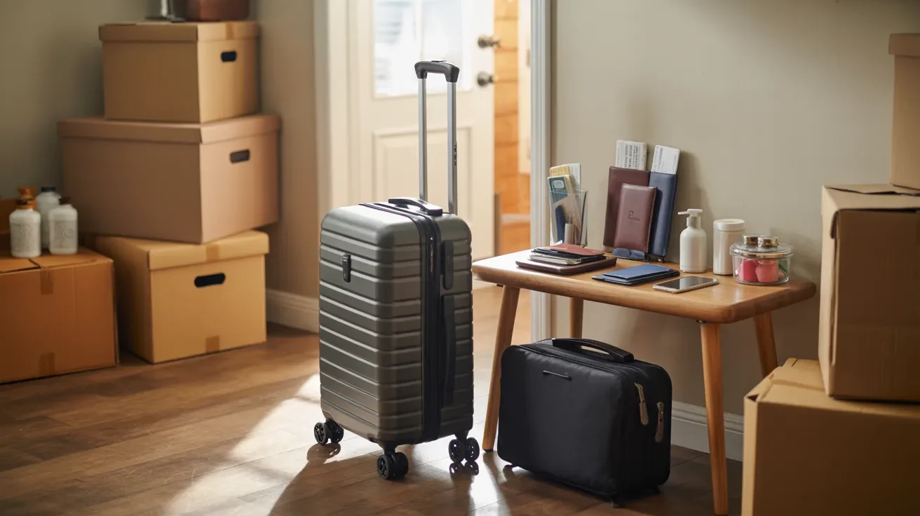 Travel important bag and packed suitcase placed beside moving boxes showing preparation for moving day and long distance travel planning clearly.