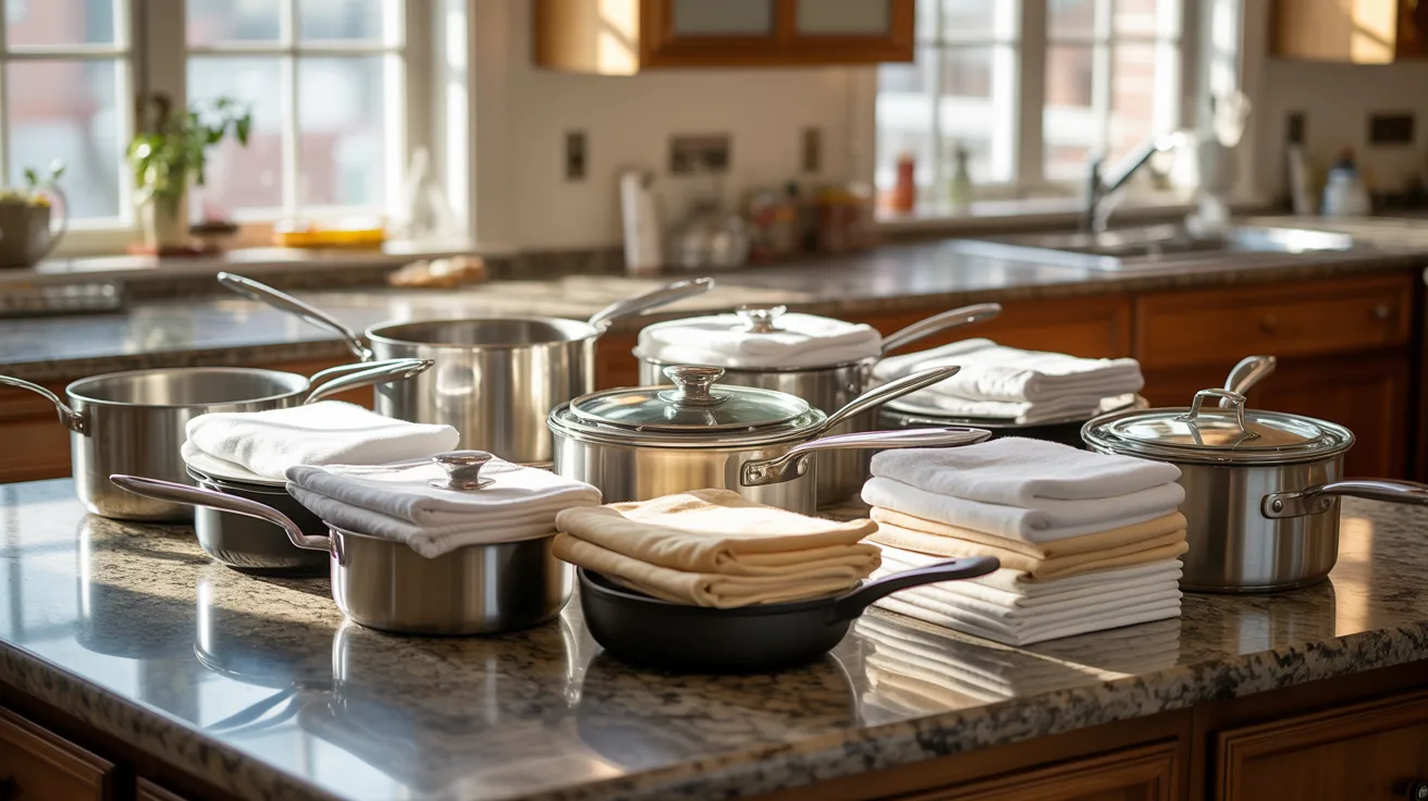 Kitchen cookware arranged with protective padding materials demonstrating basic preparation steps before packing pots and pans for a safe moving process.