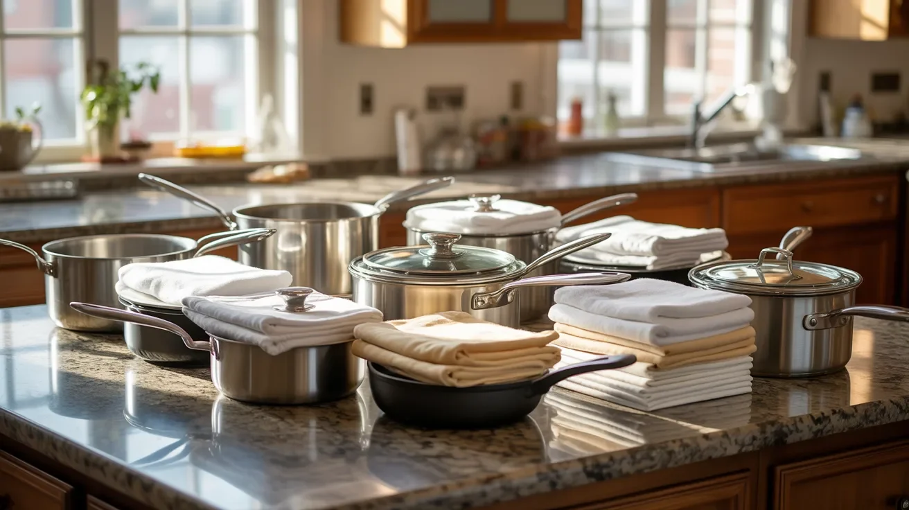 Kitchen cookware arranged with protective padding materials demonstrating basic preparation steps before packing pots and pans for a safe moving process.
