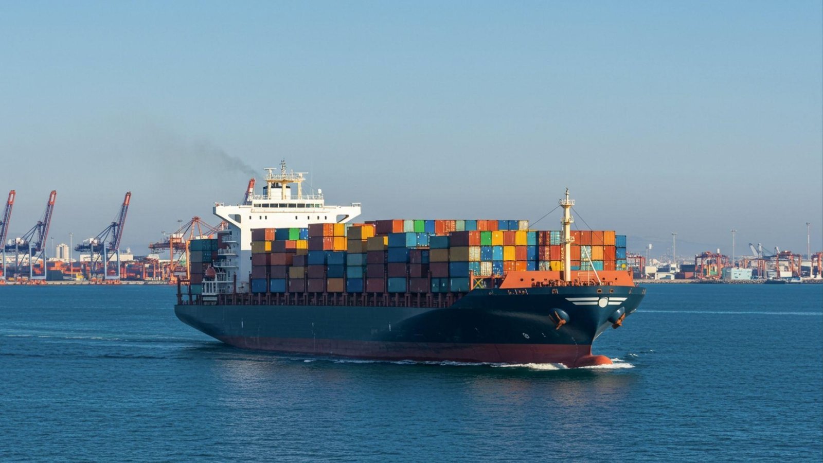 Fully loaded container vessel departs port, signifying export of commodities in international shipping.