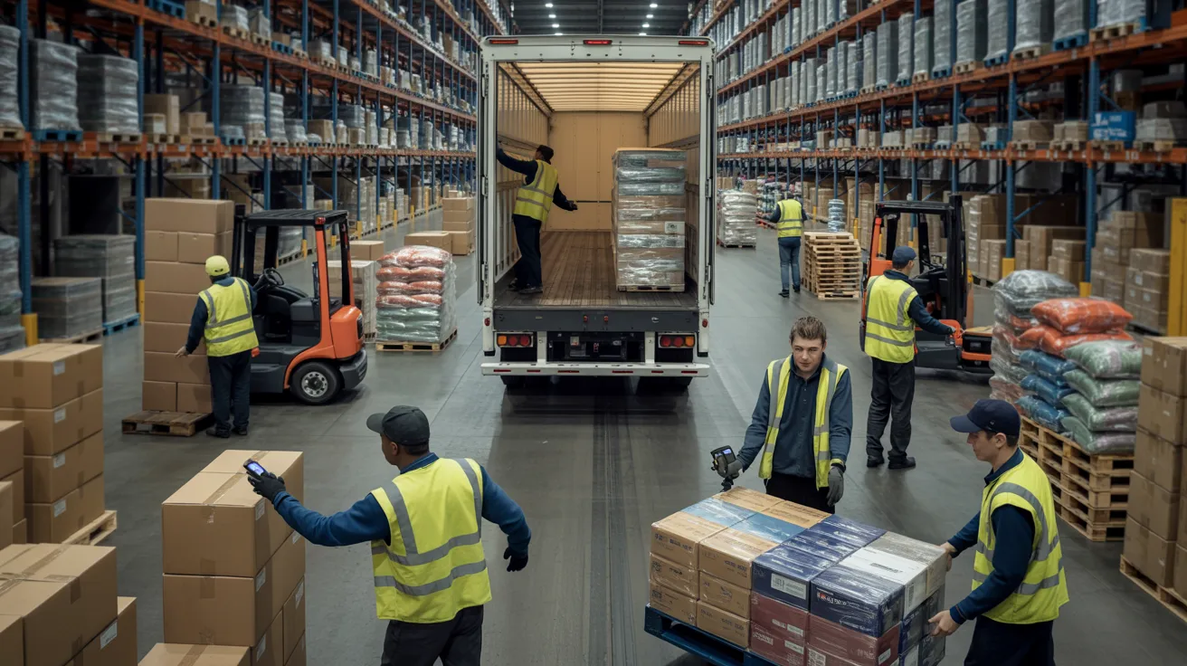 Freight handlers sorting and moving packaged goods in a warehouse beside loading trucks and scanning shipments.