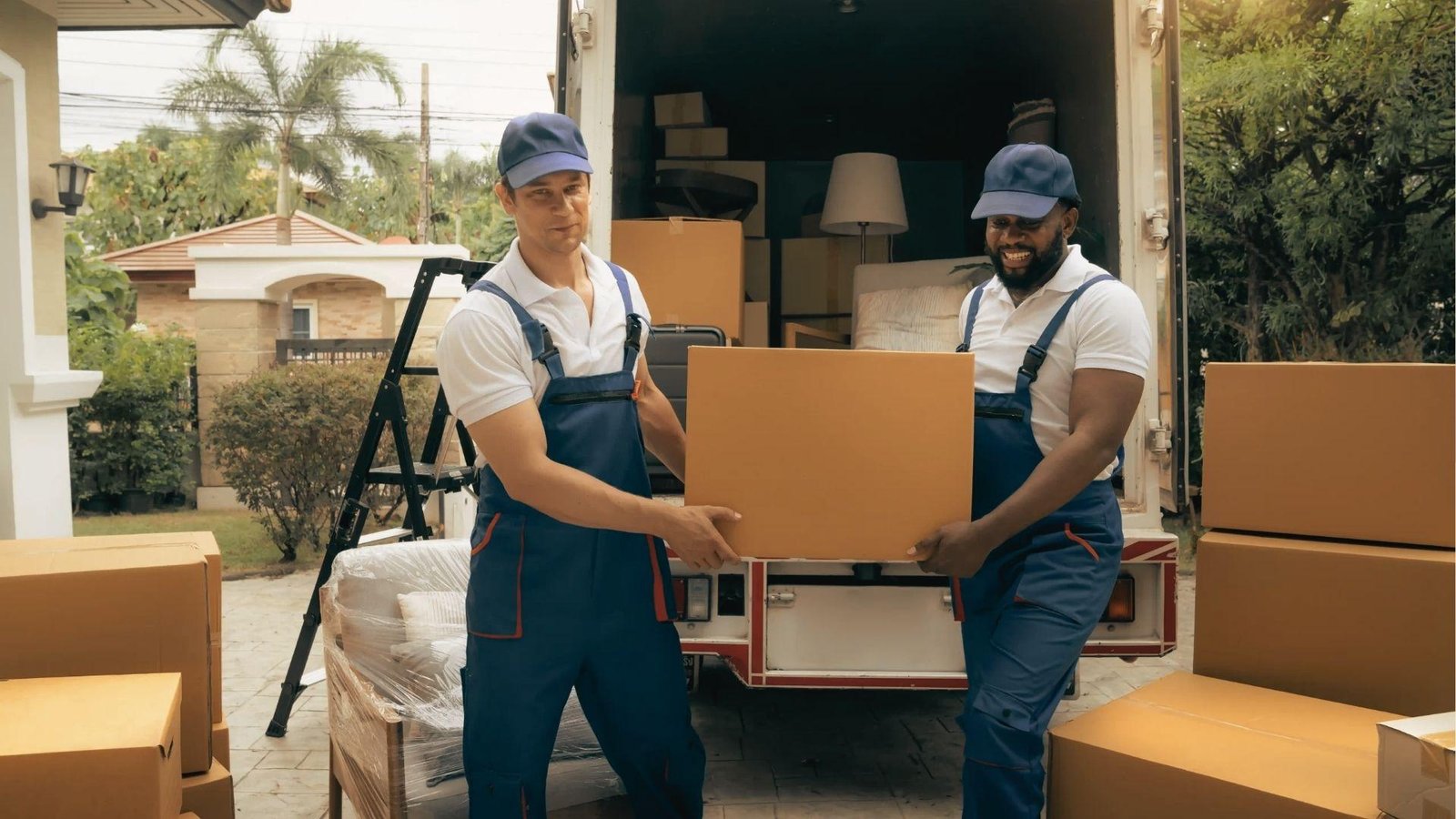 Two movers in matching uniforms lift a large box from a moving truck surrounded by wrapped furniture.