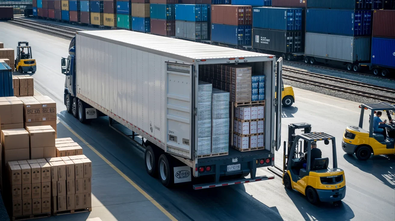 Dry van truck being loaded at warehouse with forklifts and intermodal containers in background showing freight transport equipment.