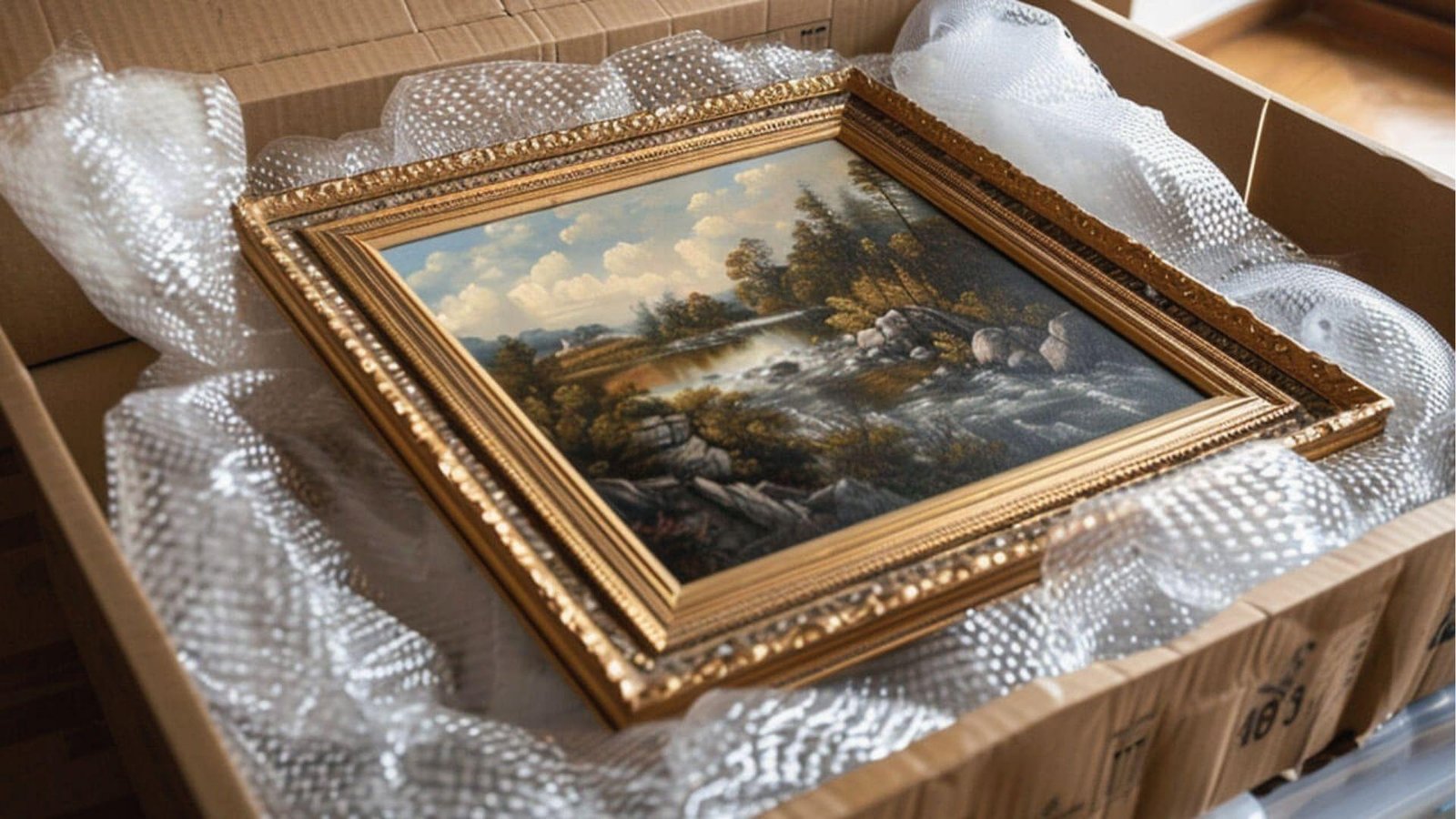 Framed canvas painting placed in a shipping box lined with bubble wrap for damage protection during transit.