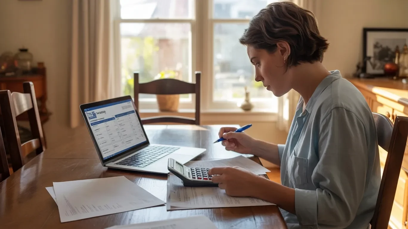 women reviewing moving quotes on laptop with calculator and notes at home, comparing real prices, planning budget, and understanding cost differences carefully.