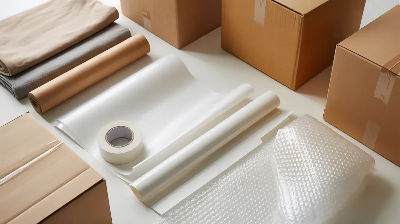 Packing supplies including boxes tape paper and cloth arranged neatly for safely wrapping pots and pans during household moving process preparation.