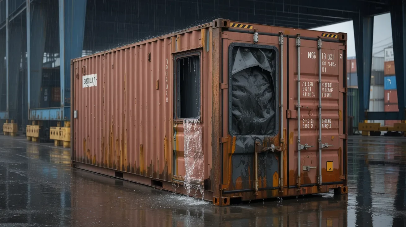 Shipping container showing rust, damaged seals, and weak points where water slowly enters over time.