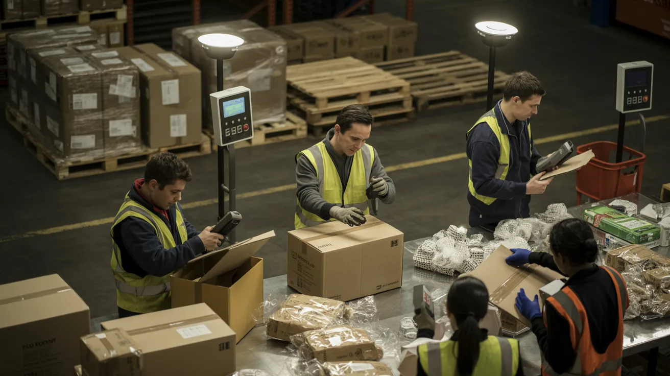 Freight handlers inspecting packages, checking for damage, and performing quality control in a warehouse.