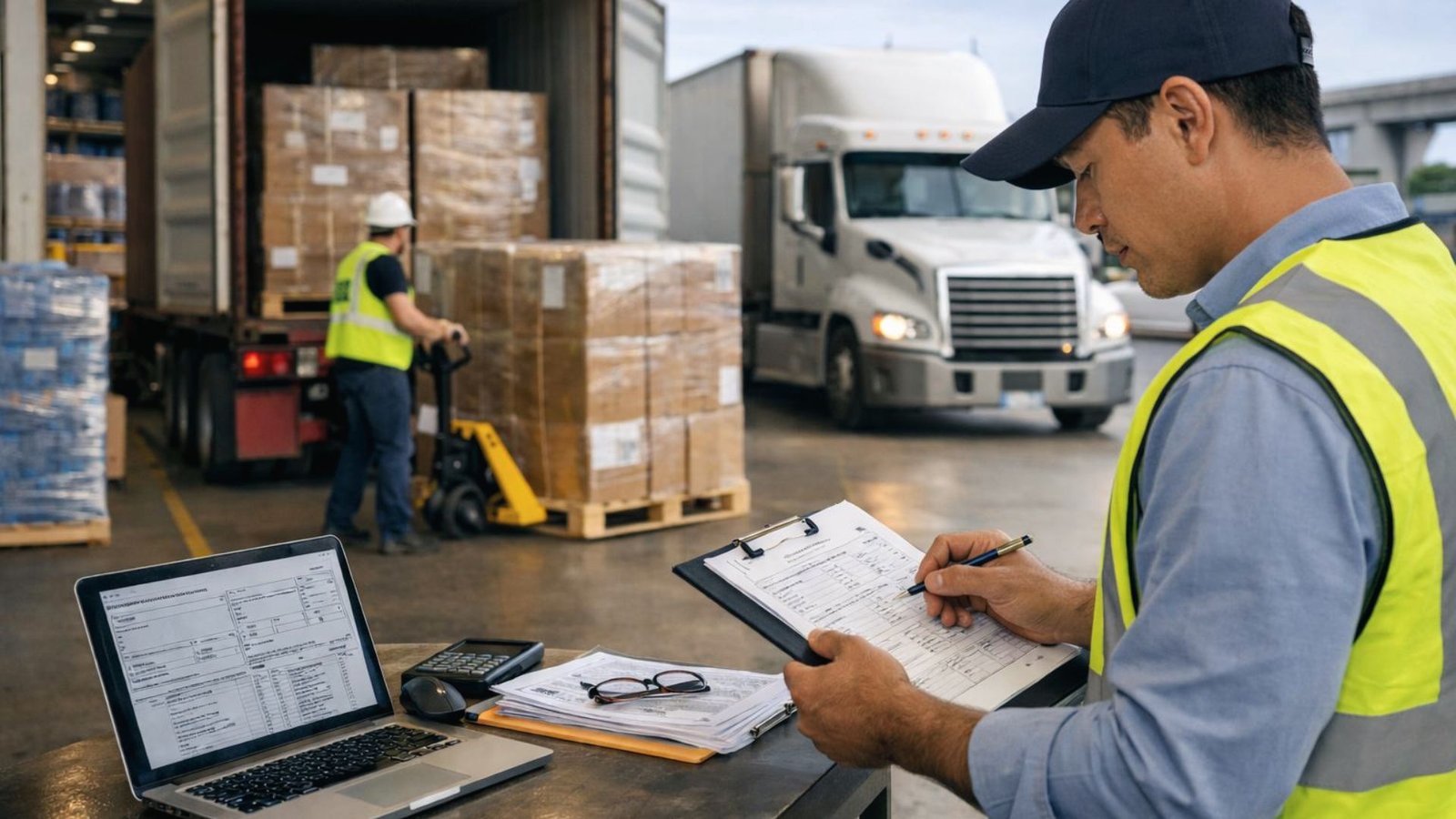 Logistics worker checks import documents while pallets are loaded onto a truck, a key IOR step for compliant last-mile delivery.