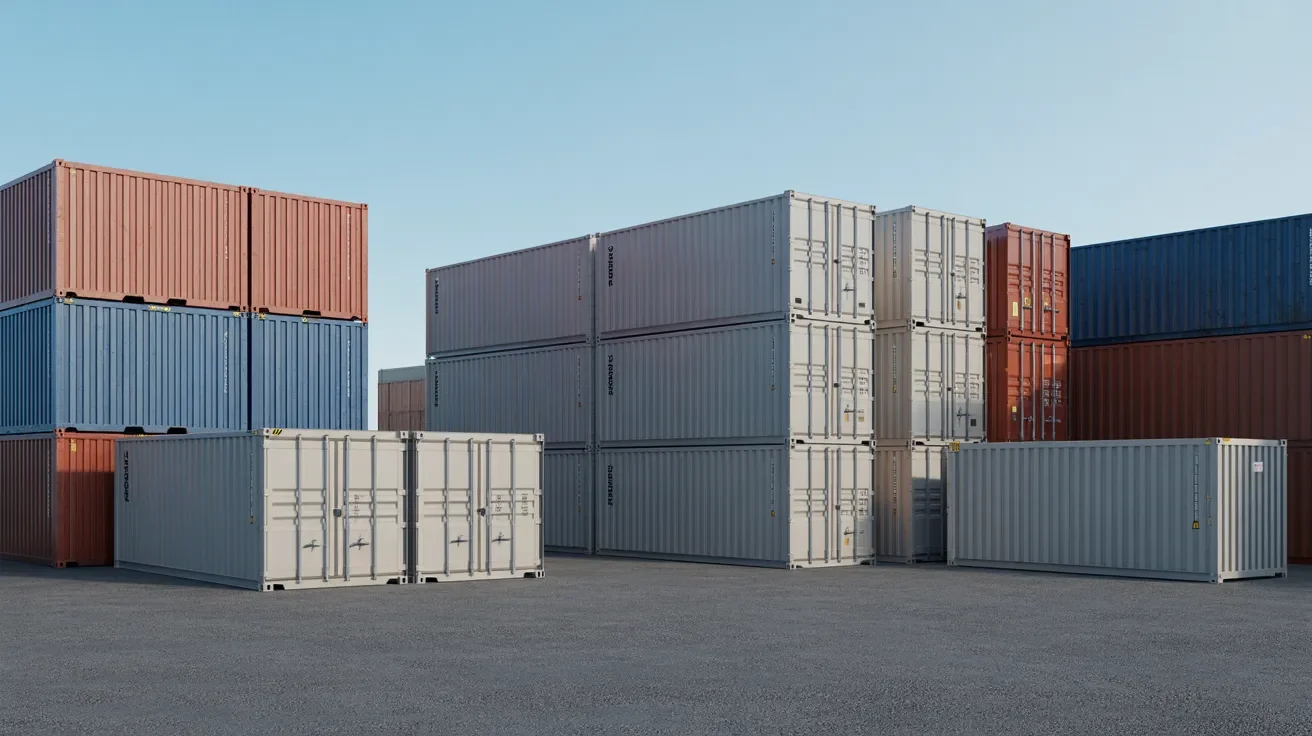 industrial storage yard showing multiple container sizes arranged cleanly representing different storage options and selection guide overview.