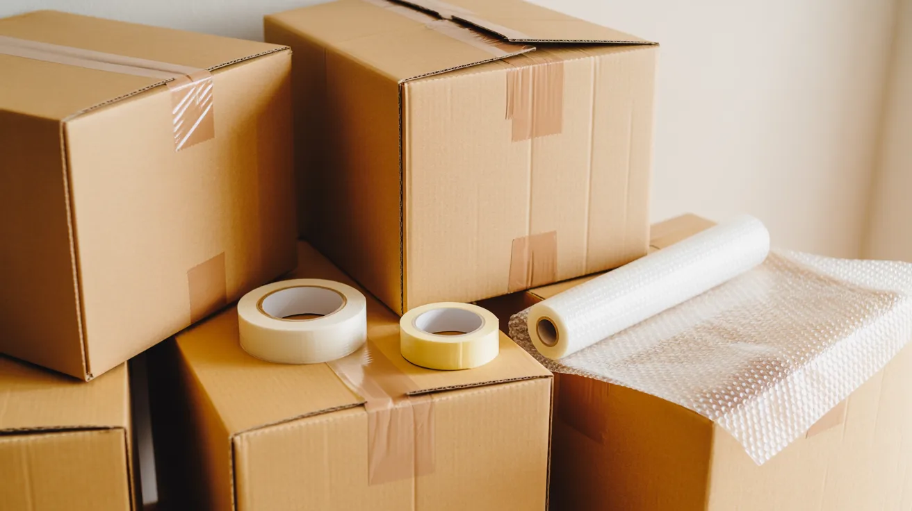 Moving boxes with tape rolls and bubble wrap arranged neatly representing cost factors involved in professional packing services and moving expenses.