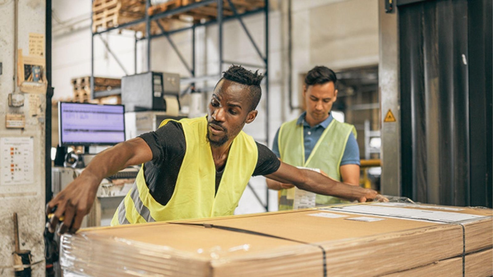 Warehouse worker in a yellow safety vest measures and secures a large pallet with plastic wrap.